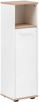 BadeDu ARC Midischrank mit verchromtem Griff – Schrank für das Badezimmer (30 cm x 103,5 cm x 28,3 cm) – Badschrank schmal aus Holz in Weiß und Eiche