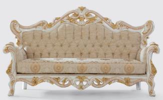 Casa Padrino Luxus Barock Sofa Beige / Weiß / Gold 225 x 90 x H. 128 cm - Handgefertigtes Wohnzimmer Sofa mit elegantem Muster - Barock Wohnzimmer Möbel - Edel & Prunkvoll