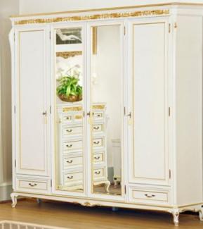 Casa Padrino Luxus Barock Schlafzimmerschrank Weiß / Gold - Prunkvoller Massivholz Schrank mit 4 Türen und 2 Schubladen - Barock Kleiderschrank - Barock Schlafzimmer Möbel