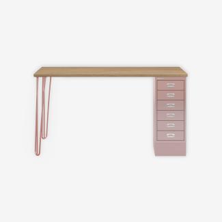 MultiDesk, 2 Stahlfüße, 1 MultiDrawer mit 6 Schüben, Dekor natürliche Eiche, Farbe Pastellpink, Maße: H 740 x B 1400 x T 600 mm