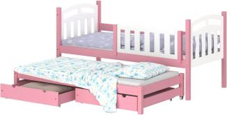 WNM Group Kinderbett Ausziehbar mit Rausfallschutz und Lattenrost Suzie - aus Massivholz - Ausziehbett für Mädchen und Jungen - Bett mit 2 Schubladen - Funktionsbett 200x90/190x90 cm - Rosa