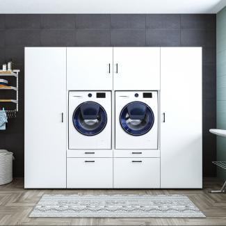 Roomart • Waschmachinen Schrankwand Hauswirtschaftsraum & Waschküche • Mit Schubladen und Ausziehbrett • 254 cm Breit • Weiß