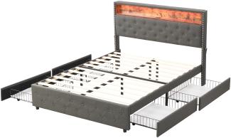 Merax Polsterbett, 160*200, LED-Bett, USB-Schnittstelle, Taschendesign auf beiden Seiten des Nachttisches, mit 4 Schubladen, Leinen, Grau