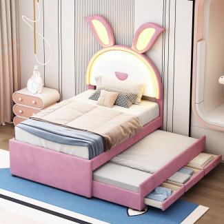 Merax Kinderbett Polsterbett 90 x 200 cm,Samtstoff Multifunktionales gepolstertes Einzelbett-Schlafsofa mit ausziehbarem Bett, Stauraumschublade und farbwechselndem LED-Licht, Rosa