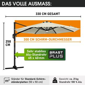 BRAST Alu Sonnenschirm Ampelschirm Ø300cm Beige + LEDs Windsicherung & Schützhülle UV-Schutz 50+ wasserabweisend drehbar & höhenverstellbar