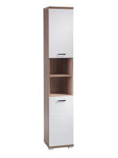 HOMEXPERTS Badezimmer Hochschrank NUSA in Sonoma Eiche Hochglanz weiß lackiert / schmaler Badschrank mit 2 Türen und 2 offenen Fächern für viel Stauraum / 35. 5 x 31. 5 x 192 cm (B x T x H)