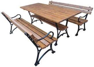 Casa Padrino Jugendstil Gartenmöbel Set Tisch und 2 Sitzbänke mit Armlehnen Braun / Schwarz 150 cm - Gartenmöbel