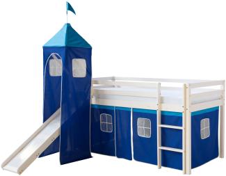 Hochbett Spielbett Kinderbett Rutsche Turm Vorhang blau 90x200 Jugendbett