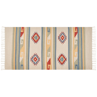 Kelim Teppich Baumwolle mehrfarbig 80 x 150 cm geometrisches Muster Kurzflor APARAN