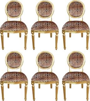 Casa Padrino Luxus Barock Esszimmer Set Medaillon Leopard / Gold 50 x 52 x H. 99 cm - 6 handgefertigte Esszimmerstühle - Barock Esszimmermöbel