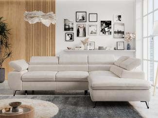 Ecksofa mit Bettfunktion, Modern Sofa, L-form, Einstellbare Kopfstützen, Bettkasten - PETER - Hellbeige Mikrofaser - rechts