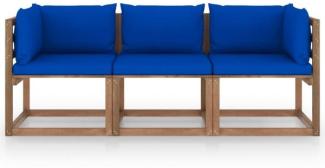 Garten-Palettensofa 3-Sitzer mit Kissen Blau Kiefernholz