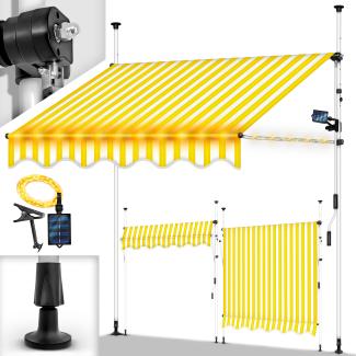 tillvex Klemmmarkise 300 cm Gelb/Weiß mit LED mit Handkurbel Balkon | Balkonmarkise ohne Bohren | Markise UV-beständig & höhenverstellbar | Sonnenschutz wasserdicht