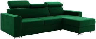 MEBLINI Schlafcouch mit Bettkasten - VOSS - 242x168x79cm Rechts - Grün Samt - Ecksofa mit Schlaffunktion - Sofa mit Relaxfunktion und Kopfstützen - Couch L-Form - Eckcouch - Wohnlandschaft