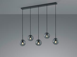 LED Balkenpendelleuchte 5-flammig mit Rauchglas Kugeln, B: 100cm