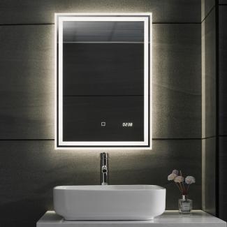 Aquamarin® LED Badspiegel mit Digitaluhr und Datum - Beschlagfrei, Dimmbar, Energiesparend, 3000-7000K, 50 x 70 cm