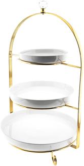 3-stöckige Etagere mit Ständer aus Edelstahl Gold und passende Teller aus Porzellan Rund