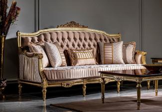 Casa Padrino Luxus Barock Sofa Rosa / Weiß / Gold - Handgefertigtes Wohnzimmer Sofa mit dekorativen Kissen