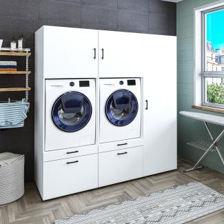 Roomart Schrankwand für Waschküche & Hauswirtschaftsraum Mit Schubladen und Ausziehbrett • Weiß