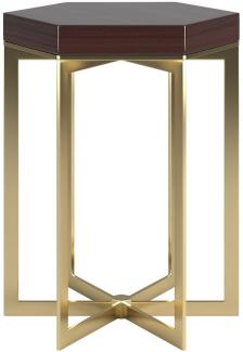 Casa Padrino Designer Beistelltisch Dunkelbraun Hochglanz / Gold 50 x 50 x H. 65 cm - Edler 6-eckiger Tisch mit Massivholz Tischplatte und Edelstahl Gestell - Luxus Qualität