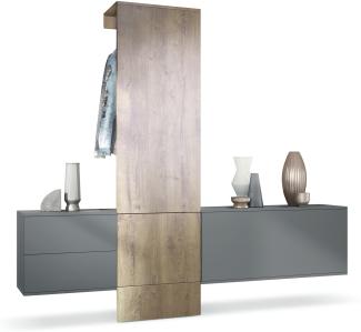 Garderobe Carlton Set 1, Flur-Garderobe aus Deko-Paneel, Schubladen-Kommode & Schuhschrank, Anthrazit matt / Eiche Ribbeck (209 x 193 x 35 cm)