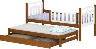 WNM Group Kinderbett Ausziehbar mit Rausfallschutz Suzie - aus Massivholz - Ausziehbett für Mädchen und Jungen - Bett mit Schublade - Funktionsbett 160x80 / 150x80 cm - Braun