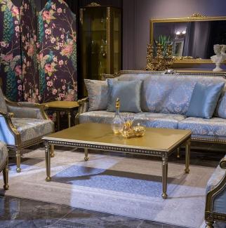 Casa Padrino Luxus Barock Couchtisch Gold 124 x 90 x H. 45 cm - Eleganter Massivholz Wohnzimmertisch im Barockstil - Barock Wohnzimmer Möbel