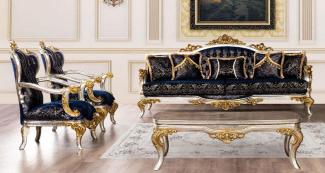 Casa Padrino Luxus Barock Wohnzimmer Set Royalblau / Schwarz / Silber / Gold - 2 Barock Sofas mit Muster & 2 Barock Sessel mit Muster & 1 Barock Couchtisch - Barock Wohnzimmer Möbel