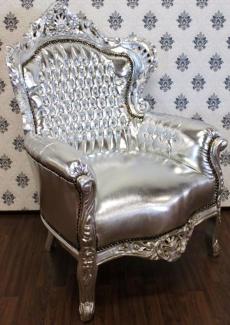 Barock Sessel King Silber/Silber Lederoptik - Möbel Antik Stil