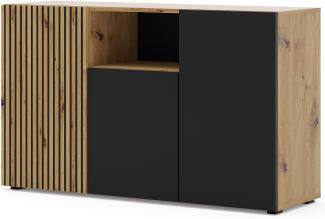 Domando Sideboard Isola Rossa M1 Modern Breite 135cm, tolle Fräsoptik, Push-to-Open-Funktion in Artisan Eiche und Schwarz Matt