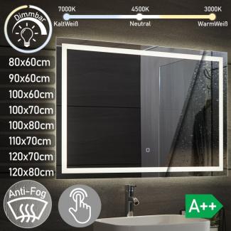 Aquamarin® LED Badspiegel - 80 x 60 cm, Beschlagfrei, Dimmbar, EEK A++, Energiesparend, mit Speicherfunktion