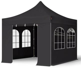 3x3 m Faltpavillon, PREMIUM Stahl 40mm, feuersicher, Seitenteile mit Sprossenfenstern, schwarz