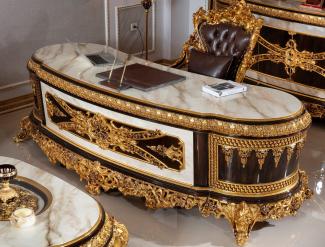 Casa Padrino Luxus Barock Büromöbel Set Weiß / Dunkelbraun / Gold - 1 Barock Schreibtisch mit Marmoroptik & 1 Barock Bürostuhl mit edlem Kunstleder - Prunkvolle Barock Büromöbel