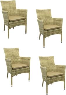 4x KONWAY® MILANO Stapelsessel Elfenbein + Kissen Polyrattan Garten Sessel Set