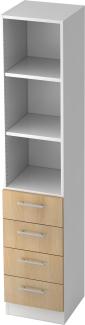 bümö® office Schubladen-Regal mit 4 Schüben & 3 Regalfächer in Weiß/Eiche mit Streifengriffen