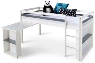 Homestyle4u Funktions-Halbhochbett mit Schreibtisch, Kiefernholz weiß, 90 x 200 cm