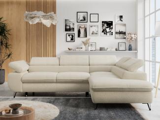 Ecksofa mit Bettfunktion, Modern Sofa, L-form, Einstellbare Kopfstützen, Bettkasten, PETER, 1x Ecksofa, Beige, Boucle, rechts