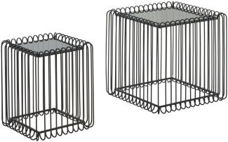 Beistelltisch 2er Set Schwarz Design Satztisch Glas Metall Eckig | Drahttisch Modern | Wohnzimmertisch Couchtisch Quadratisch | Sofatisch 2-teilig | Korbtisch abnehmbare Tischplatte