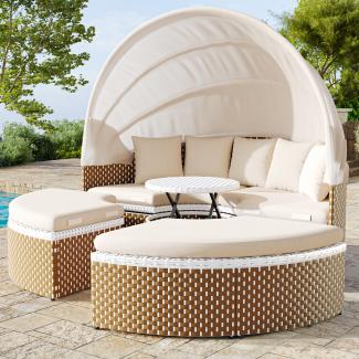 Merax Garten-Lounge-Sessel-Set, Sonneninsel, Rattan-Gartentisch und Stühle-Set, ausziehbares Baldachin, anhebbare Tischplatte, Beige