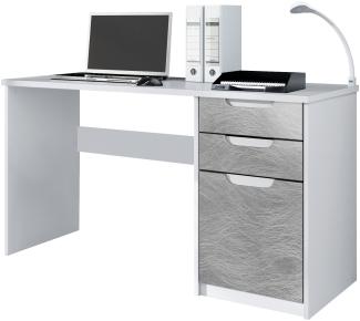 Vladon Schreibtisch Logan, Bürotisch mit 2 Schubladen und 1 Tür, Weiß matt/Scratchy Metal (129 x 76 x 60 cm)