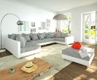 Couch Clovis XL Weiß/ Hellgrau Modulsofa Hocker Armlehne Wohnlandschaft