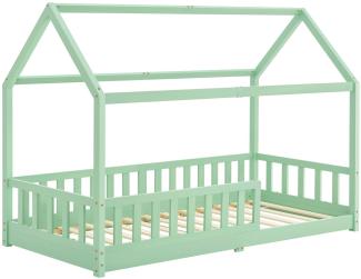 Juskys Kinderbett Marli 90 x 200 cm mit Rausfallschutz, Lattenrost und Dach - Massivholz Hausbett für Kinder - Bett in Mint