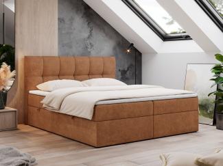 Boxspringbett mit Kopfteil und Topper, Doppelbett - RICO - 140x200cm - Orange Stoff - H3