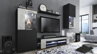 Vladon Wohnwand Movie, Anbauwand bestehend aus 1 TV-Board, 2 Vitrinen und 1 Regal, Schwarz matt/Schwarz matt/Beton Oxid-Optik, inkl. LED-Beleuchtung weiß (Gesamt: 300 x 190 x 39 cm)