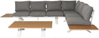 Aluminium Garten-Garnitur HWC-M62, Sitzgruppe Garten-/Lounge-Set Sofa, Holzoptik ~ Gestell weiß, Polster hellgrau
