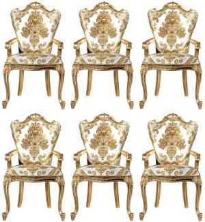 Casa Padrino Luxus Barock Esszimmerstuhl Set Weiß / Gold - 6 handgefertigte Küchen Stühle mit Armlehnen und elegantem Muster - Barock Esszimmer Möbel - Edel & Prunkvoll