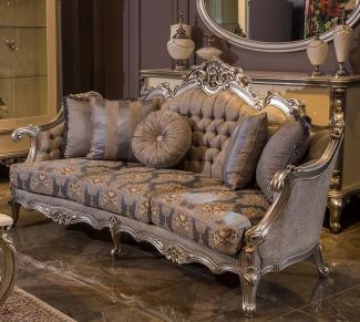 Casa Padrino Luxus Barock Sofa Grau / Blau / Silber 227 x 93 x H. 117 cm - Prunkvolles Wohnzimmer Sofa mit Blumenmuster und dekorativen Kissen