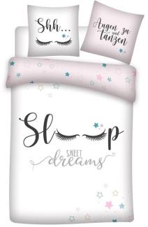 Bettwäsche für Teenager Mädchen 135x200 + 80x80 cm rosa Motiv Sleep & Sweet Dreams aus 100% Baumwolle