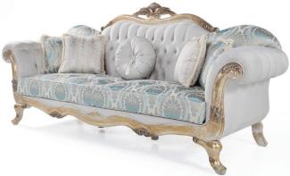 Casa Padrino Luxus Barock Samt Sofa mit Kissen Grau / Türkis / Antik Gold 252 x 82 x H. 115 cm