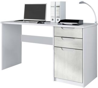 Vladon Schreibtisch Logan, Bürotisch mit 2 Schubladen und 1 Tür, Weiß matt/Beton Oxid-Optik (129 x 76 x 60 cm)
